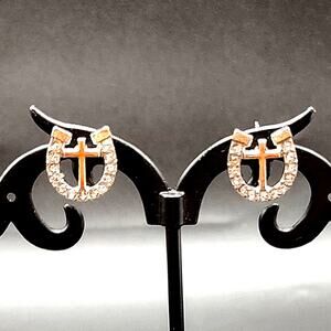 925 Plated Horseshoe Rhinestone Cross Earrings Christmas Birthday Gift